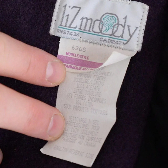 Vintage Liz Moody Purple 75% Wool with Suede Detail Button Up Pea Coat 16  W - Picture 15 of 16